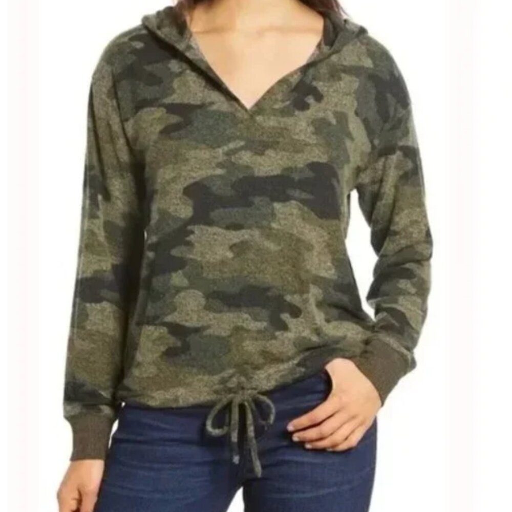 Lucky Brand Women's Long Sleeve Soft Cloud Jersey Green Camo Hoodie Athleisure L